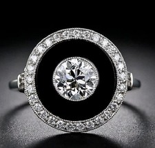 Beautiful Art Deco Style Hand Engraved and Mil-Grained Black Onyx & Old CZ Ring picture