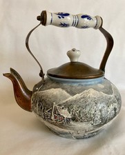 VTG HAND-PAINTED  COPPER TEAPOT Chinoiserie Porcelain Handle & Finial picture