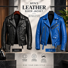 Men Genuine Leather Biker Jacket Black Blue Motorcycle Moto Rider Coat  picture