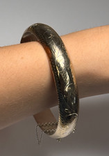 Vintage Sterling Silver Engraved Hinged Bangle with Safety Chain 2.5