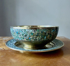 Old Persian Middle Eastern Brass Bowl & Plate w/Mosaic Firoozeh Forouzeh Koobi picture