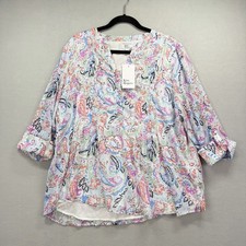 Kim Rogers Henley Blouse Top Womens 1X Multicolor Floral Paisley Roll Tab Sleeve picture
