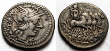 Roman Republic M Vargunteius Silver Denarius 130 BC Roma Jupiter Quad BMC 1068 picture