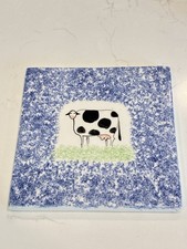 Vintage Italian Majolica Hand-Painted Cow Ceramic Trivet / Tile – Blue Sponge picture