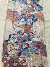 D Vintage Japanese kimono silk fabric / light beige, floral E21 picture