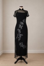 Vtg Arianna By Rachel Kaye Black Floral Embroidered Mesh maxi Dress Mandarin  picture