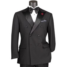 VINCI Men's Black Double Breasted Modern Fit Tuxedo w/ Flexible Waistband NEW picture