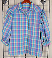VTG Country Plaid Top Womens S/M 70s Soft Purple Yellow Turquoise Balloon Sleeve picture