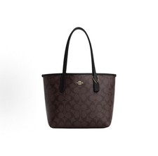 NWT COACH CU759 Small Tote Signature Coated Canvas Black Brown New  picture