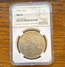 1928 $1 Peace Dollar Silver 90% Philadelphia Business Strike NGC MS61 picture