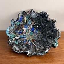 Vintage Murano Style Millefiori Art Glass Ruffled Bowl Black Aventurine 8.5