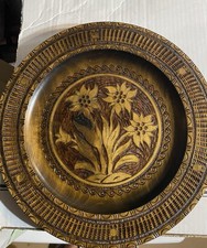 Vtg Hand Carved Wooden Plate, Floral Design picture
