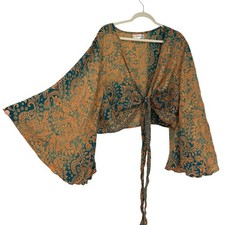 Karma N Crafts 100% Silk Wrap Top Plus Size Teal Orange Paisley Bell Sleeve Boho picture