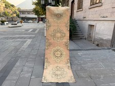 Vintage Turkish Runner Rug 2.6x8.7 ft Peach Sage Green Floral Wool Carpet picture