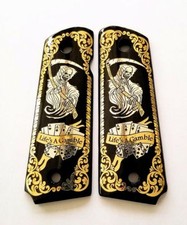 1911 full size custom engraved wood grips gold silver reaper skull cards Scroll picture