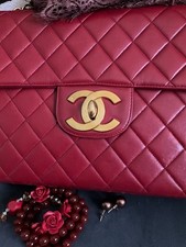 CHANEL RED  LAMBKIN VINTAGE MAXI JUMBO BAG HUGE GOLDTONE CC CARD picture