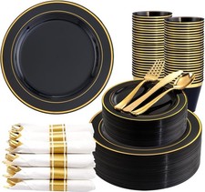 350 Pieces Black and Gold Plastic Plates with Disposable 350, - Modern picture