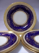 5 MINTON RAISED GOLD ENCRUSTED BEADED COBALT DINNER PLATES NEAR MINT 10 1/2