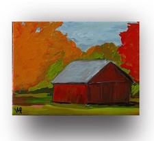Small 5x7” Autumn Landscape Rustic Red Barn VLP Hand Painted Acrylic Canvas picture