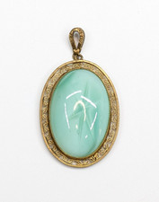 Antique Mint Green Satin Glass Star Pattern Brass Filigree Oval Pendant 2