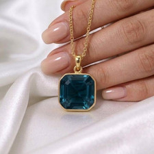 Natural London Blue Topaz Pendant, 14K Solid Gold Cushion Shape Handmade Jewelry picture
