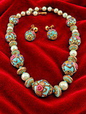 Vintage Venetian Wedding Cake Beads Necklace Screw Earrings Set Outstanding #95 picture