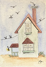 ACEO Watercolor Painting GreenHouse witht bird @butikify-Jeanne Marie #111 picture