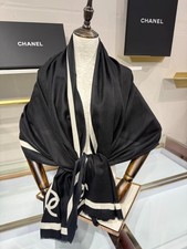 CHANEL Black Cream CC Logo Trim Shawl Scarf Wrap 100x200cm picture