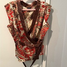 BCBGMaxAzria Red and Brown Patterned Wrap Top picture