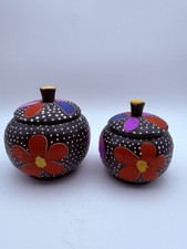 Vintage Mexican Folk Art Hand Painted Gourd Boxes Lidded Calabash Set Of 2 picture