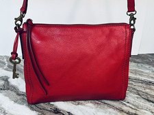 Vintage Fossil Red Leather Crossbody Bag Key Charm/ Tassel Zipper Purse Brass picture