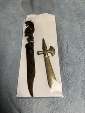 Pair Vintage Brass Asian Dragon Letter Openers Miniature Swords Decorative  picture