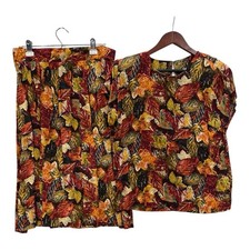 Vintage Fall Leaves Outfit Top Skirt Set Size 16? 1980s Shoulder Pads Novelty picture
