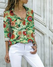 Vintage Floral Mandala Blouse Womens Long Sleeve Green Casual Tops Fit DUTY PAID picture