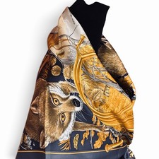 HERMES Silk Scarf Twill 90 CHASSE au BOIS Gray by Carl de Parcevaux picture