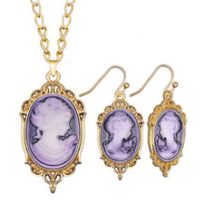 Vintage Cameo Necklace Earrings Set Purple Gold Victorian Style Jewelry picture