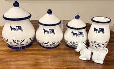 RARE Cracker Barrel 1999 Blue & White Amish Canister Set Lids & Utensil Jar, S&P picture