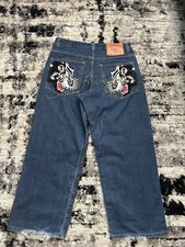 Ed Hardy Men’s Dark Wash Blue Denim Straight Jeans Embroidered Logo Tiger picture