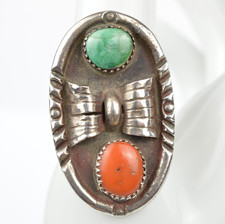 Navajo Sterling Silver Ring Turquoise Coral Shadowbox VTG Size 8.75 Stamped picture