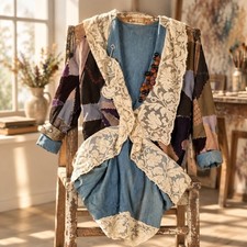 VTG OOAK Upcycled Denim Patchwork Duster Coat Lace Collar Steampunk Cottagecore  picture