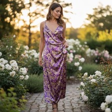 Zara Metallic Lavender Paisley Silky True Wrap Maxi Dress Formal Wedding Medium picture