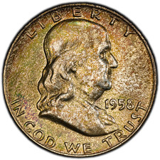 1958-D PCGS MS65 FBL (Gem) Franklin Half | Attractive Rainbow Mint Set Toning picture