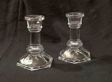 Vintage Pair F.T.D.A. Clear Glass Candlestick Holders Hexagonal Base Taper 4