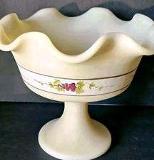 Vintage Fenton Satin Custard Glass Footed Compote Dish Grapes Artist Signed  picture