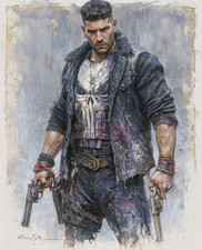 The Punisher in Blue Coat with Twin Pistols and Skull Shirt Print - 579973596 picture