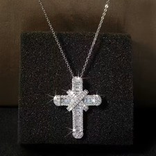 Elegant Baguette Cross Pendant Necklace for Women Silver Sparkling Crystal Gift picture