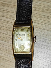 Gruen Precision Vintage 1940s Rectangle Gold Filled Manual Watch Black Strap picture