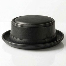 Handmade Black Leather Pork Pie Hat Vintage Gothic Steampunk Unisex Costume Hat picture