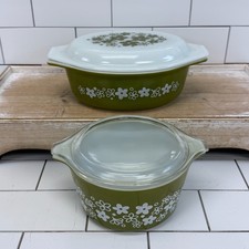Vintage Pyrex Casserole Dish Set of 2 Spring Blossom Crazy Daisy Avocado Green picture