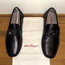 Salvatore Ferragamo Men’s Black Leather Dress Loafers Peter SF Logo Buckle 11E picture
